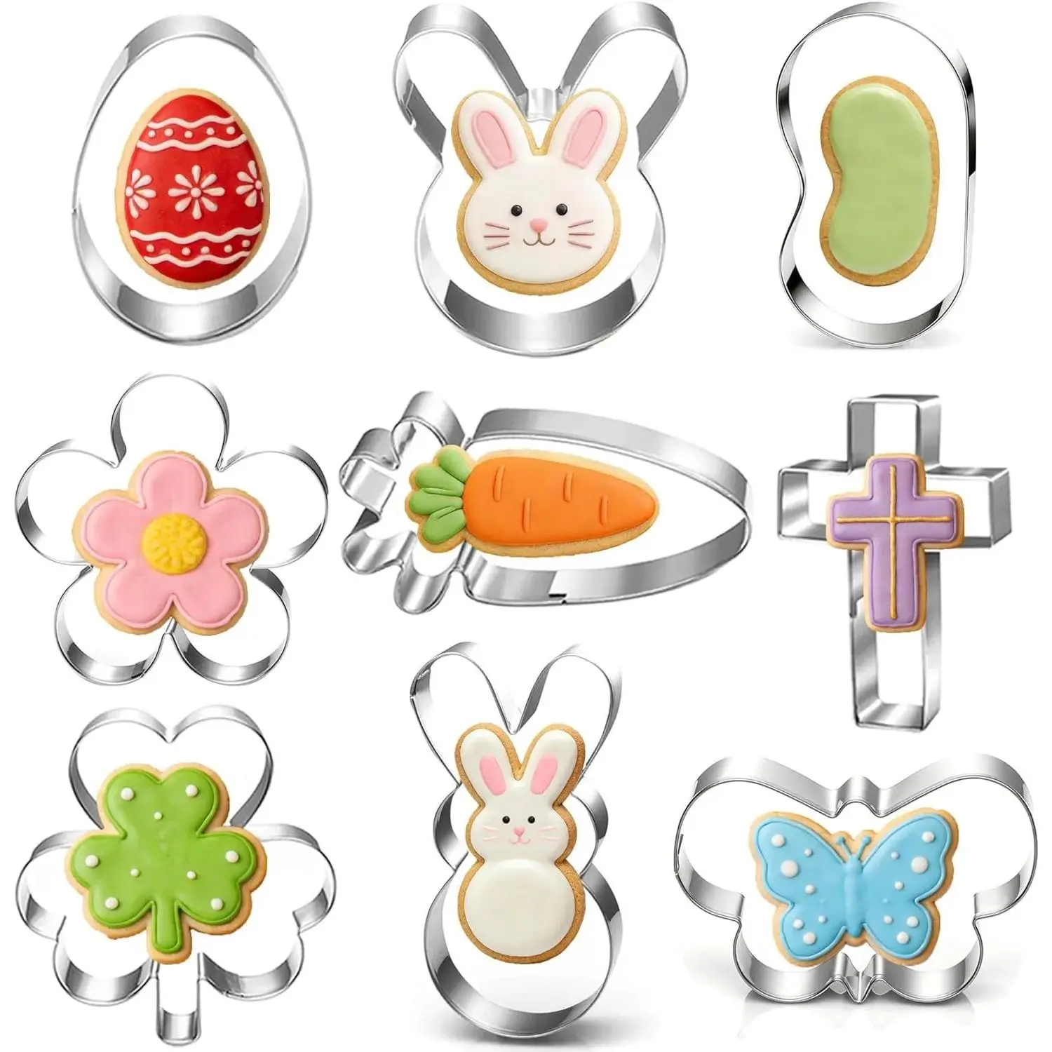 9-Piece Stainless Steel Deep Cut Cookie Cutter Bakeware Sets - Dishwasher Safe Baking Utensils with 0.78-Inch Deep Shamrock, Bunny, Egg, Carrot, Flower, Butterfly, Bean Spring Icons for Easter, St. Patrick's Day Easy Gift
