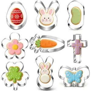 9-Piece Mini Easter Cookie Cutter Set, Shamrock, Bunny, Egg, Carrot, Flower, Butterfly and Bean Shapes - Dishwasher Safe Stainless Steel Molds for Spring Easter and St. Patrick's Day Decor