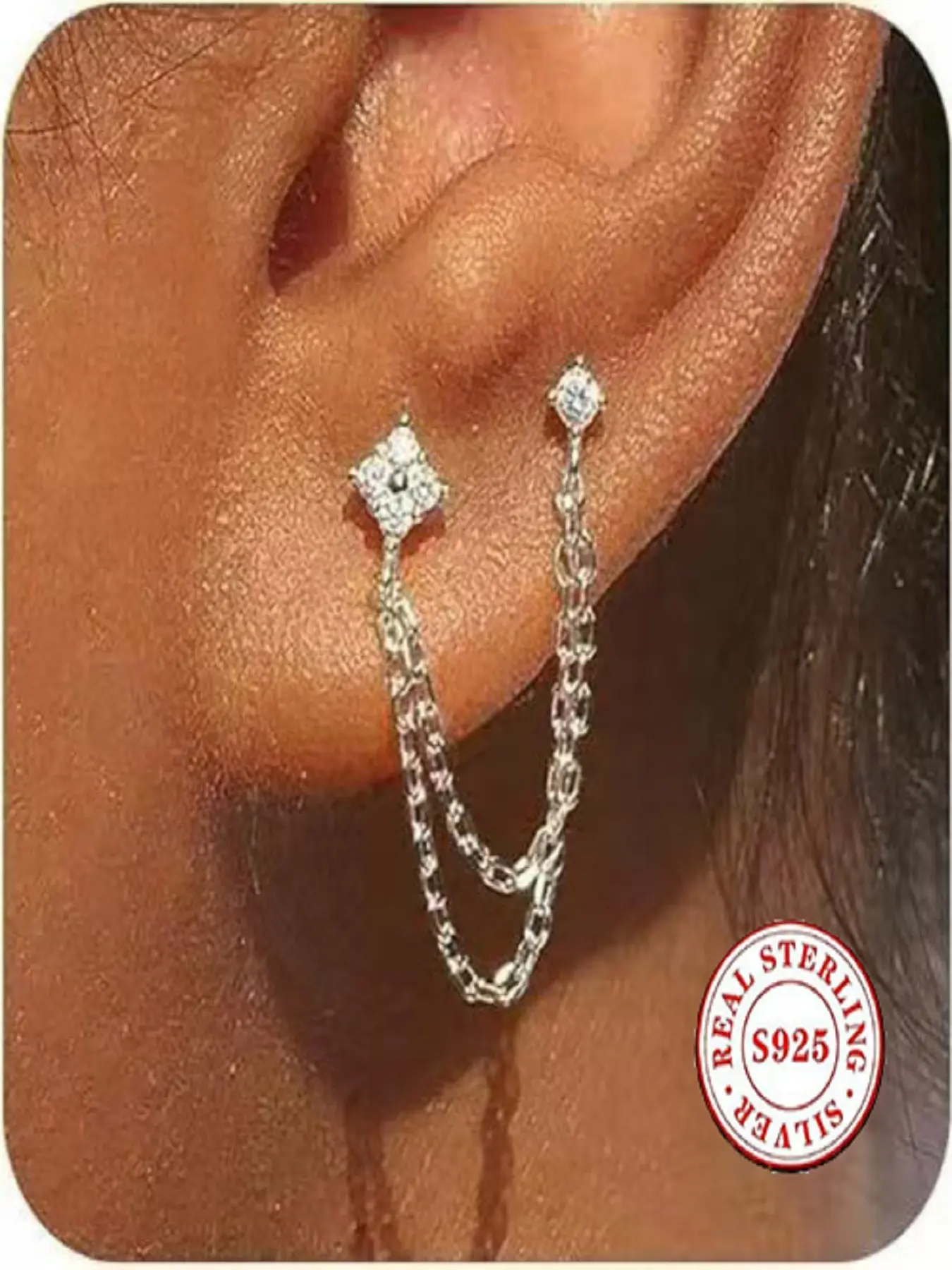 S925 Sterling Silver Double Chain Earrings for Women, Sparkling Zircon Stud Dangle Earrings, Hypoallergenic Two Piercing Connected Chain Drop Earrings, Dangling Earrings for Daily Party Jewelry Gift, Good Earrings