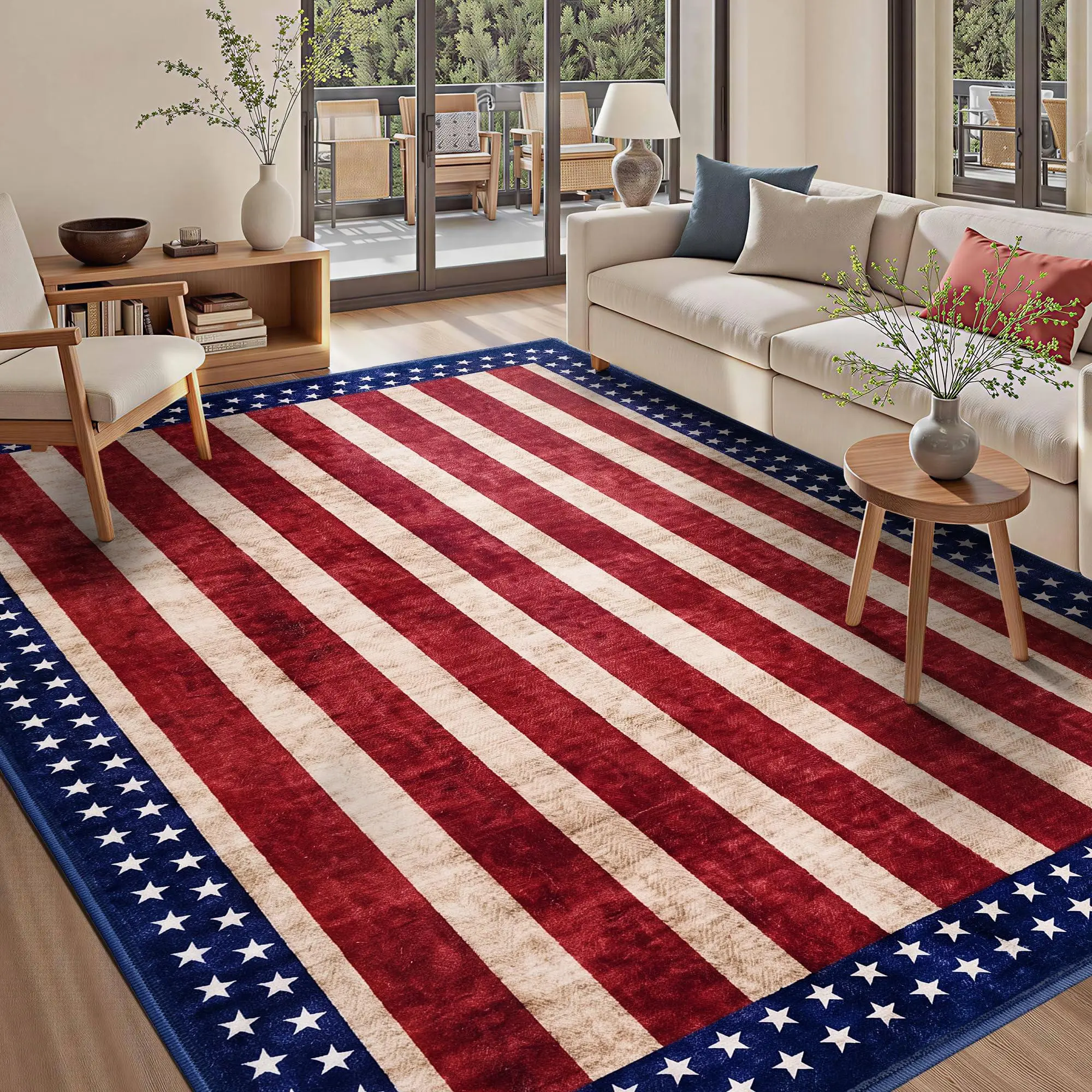 Garvee 5x7 American Flag Area Rug, Washable Patriotic Vintage Area Rug, Non-Slip Low-Plie Carpet for Living Room, Bedroom, Dining Room, Home Office, Dorm, Red