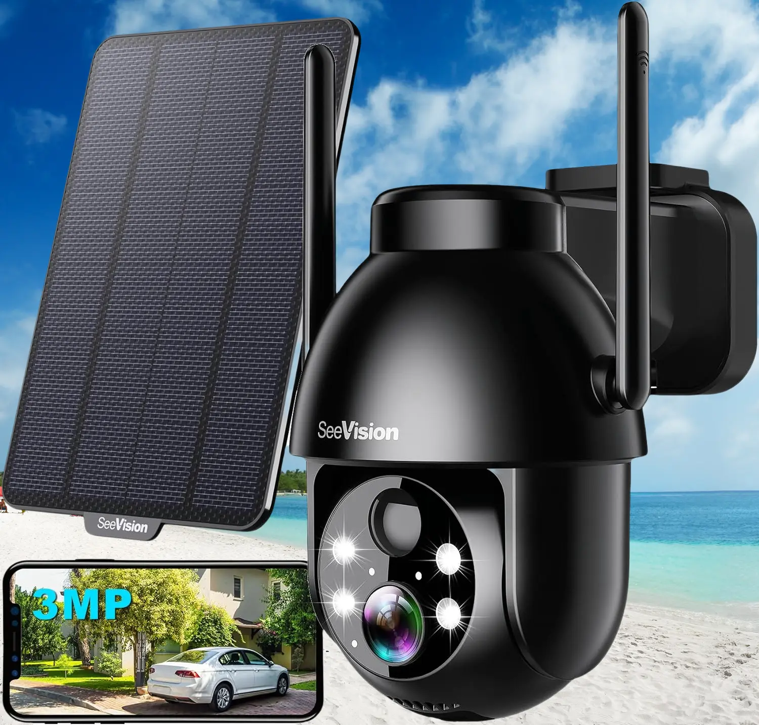 Seevision Solar WiFi Wireless Camera | 7-Day Free Cloud Storage & SD Slot- Installation Safety IP65 Water Proof, Micro Audio Cable Cameras for home