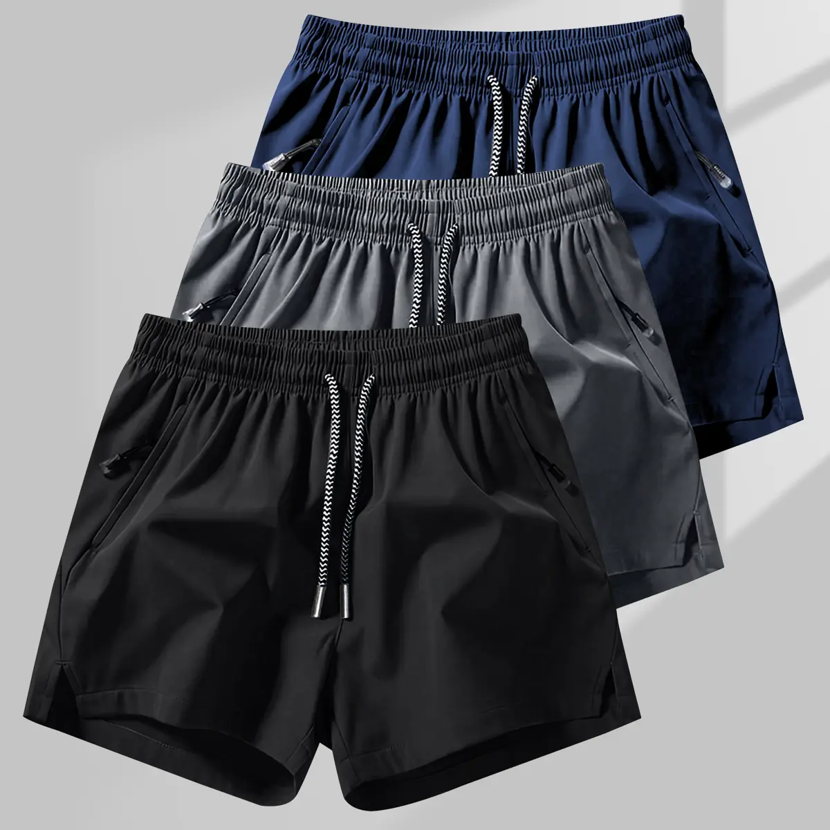 Men's 3-Pack Casual Shorts, Solid Color Breathable Athletic Clothing for Summer Fitness, Drawstring Waist, Size M
