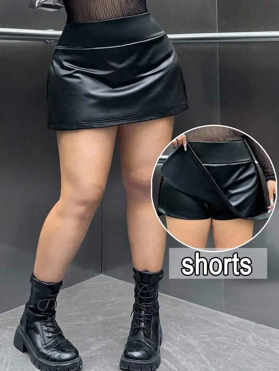 Plus Size Women Solid Color PU Leather Skort Skirt With Shorts Underneath Leather Shorts Fall