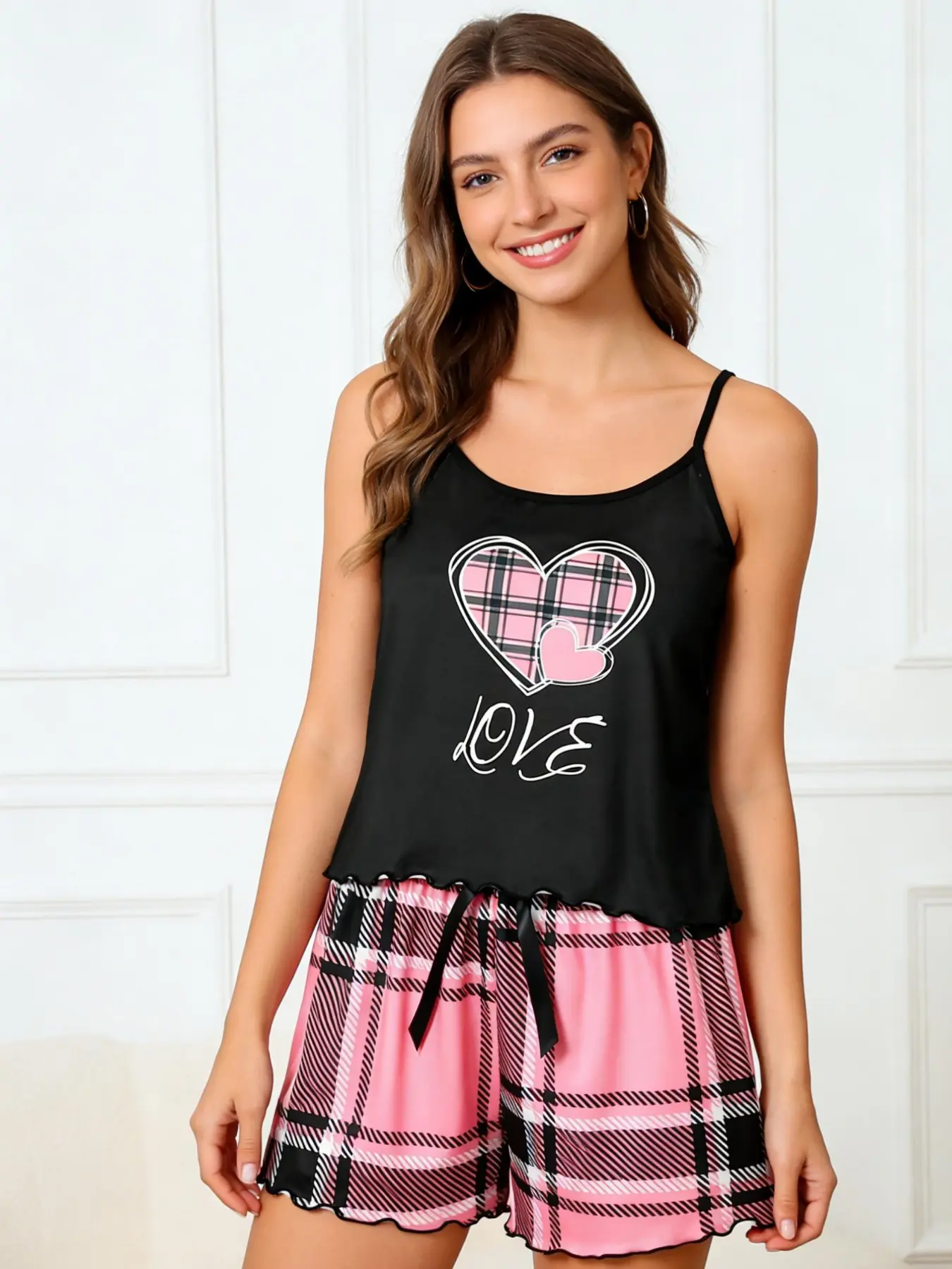 Women's Homewear Set, Plaid Shorts + Heart Love Print Tank Top, Smooth Silk Fabric, Casual Loose Fit Sleepwear, All Over Print, Womenswear