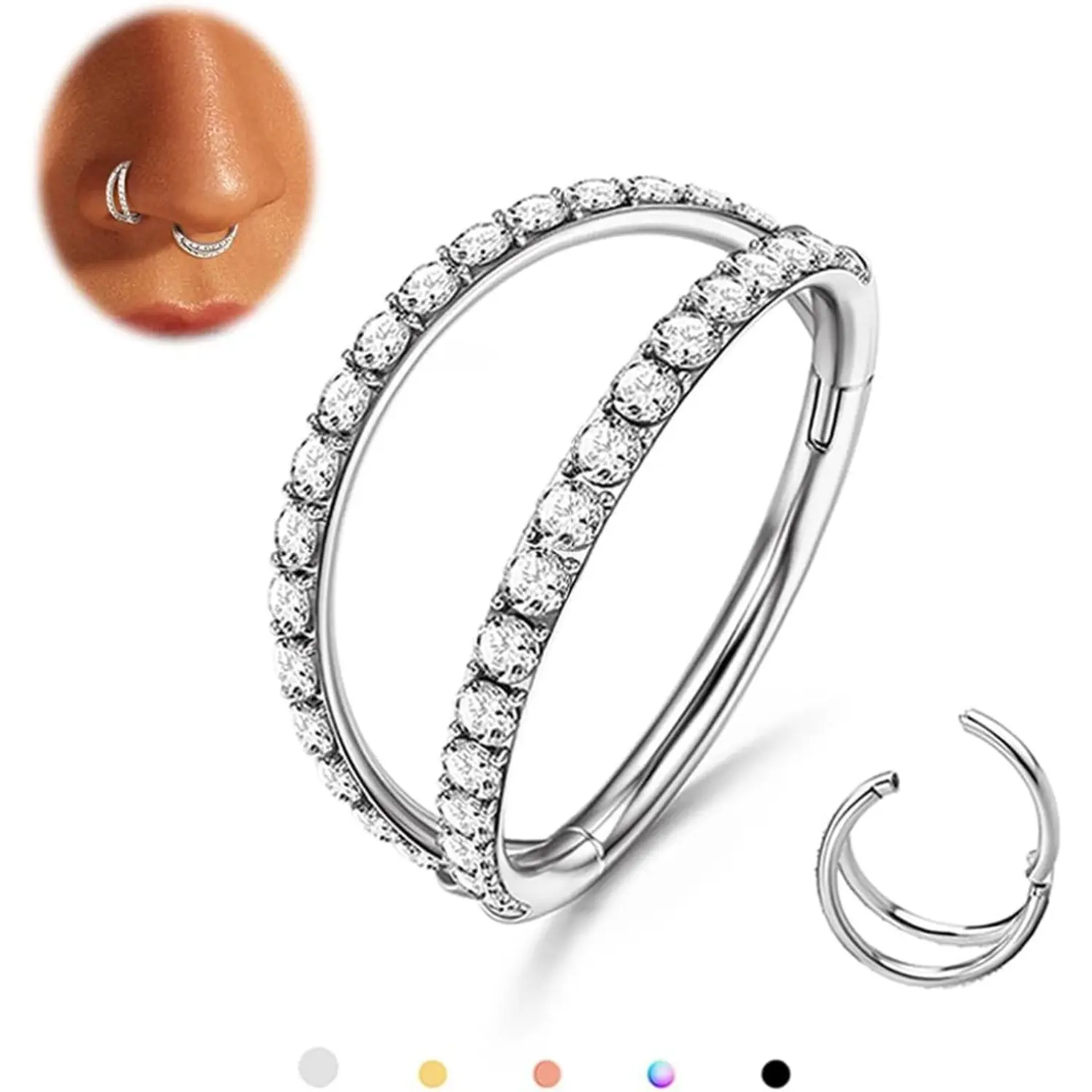 Milacolato 16G Geometric Hinged Clicker Nose Ring - G23 Titanium, Pave Cubic Zirconia, Secure Fit, Sensitive Ears Solutions, High Quality Body Jewelry for Septum, Cartilage, Lobe Piercings, High Quality Jewelry, Hypoallergenic Cubic Zirconia