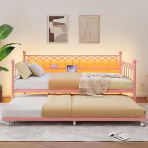 Garvee Twin Size Daybed with Trundle, Sofa Bed Frame with Charging Station and LED Lights, Heavy Duty Metal Bed Frame, for Small Spaces, Living Room, Bedroom, Apartment, Pink