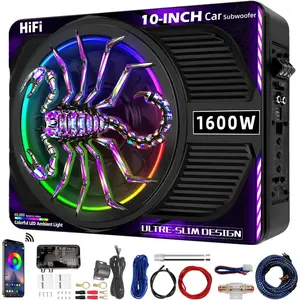 2026 Upgraded 1600W 10 Inch Slim Under Seat Subwoofers with Amp LED Ambient Lights for Truck Car Deep Bass Individual Controls LPF Gain Bass Boost High Output Distortion Free Audio