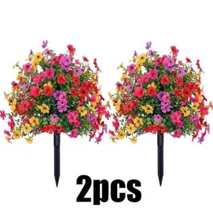 2-Pack Artificial Flowers for Outdoor Indoor Garden Home Decoration, Plastic Faux Flowers, Faux Flower Daisy with Eucalyptus Leaves, Fake Plants Greenery Boxwood for Porch & Patio