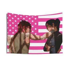 CaitVi (Arcane) Tapestries, Caitlyn Kiramman and Violet Arcane Pink Flag, Caitlyn Vi (Arcane) Indoor Wall Tapestries