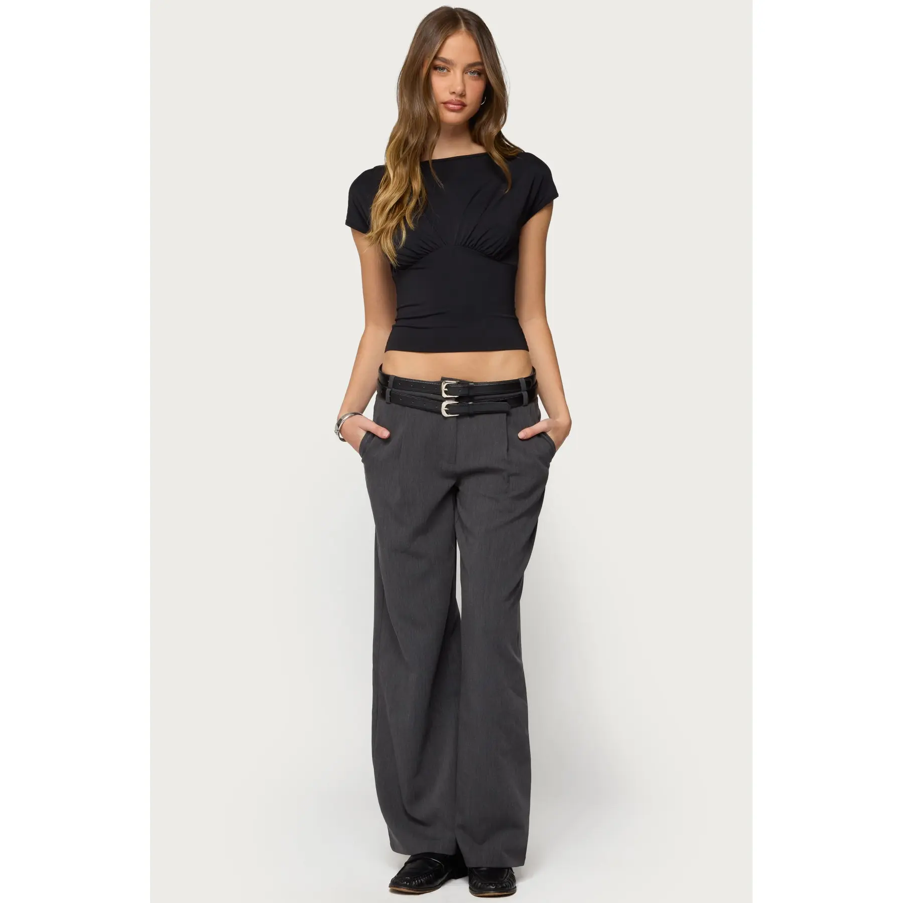 Andy Double Belt Straight Leg Tailored Pants