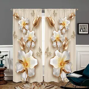 Floral Print Curtains, Vintage 3D Floral Digital Print Semi-Transparent Privacy Curtains, Modern Simple Rod Pocket Curtains, 2 Piece Set