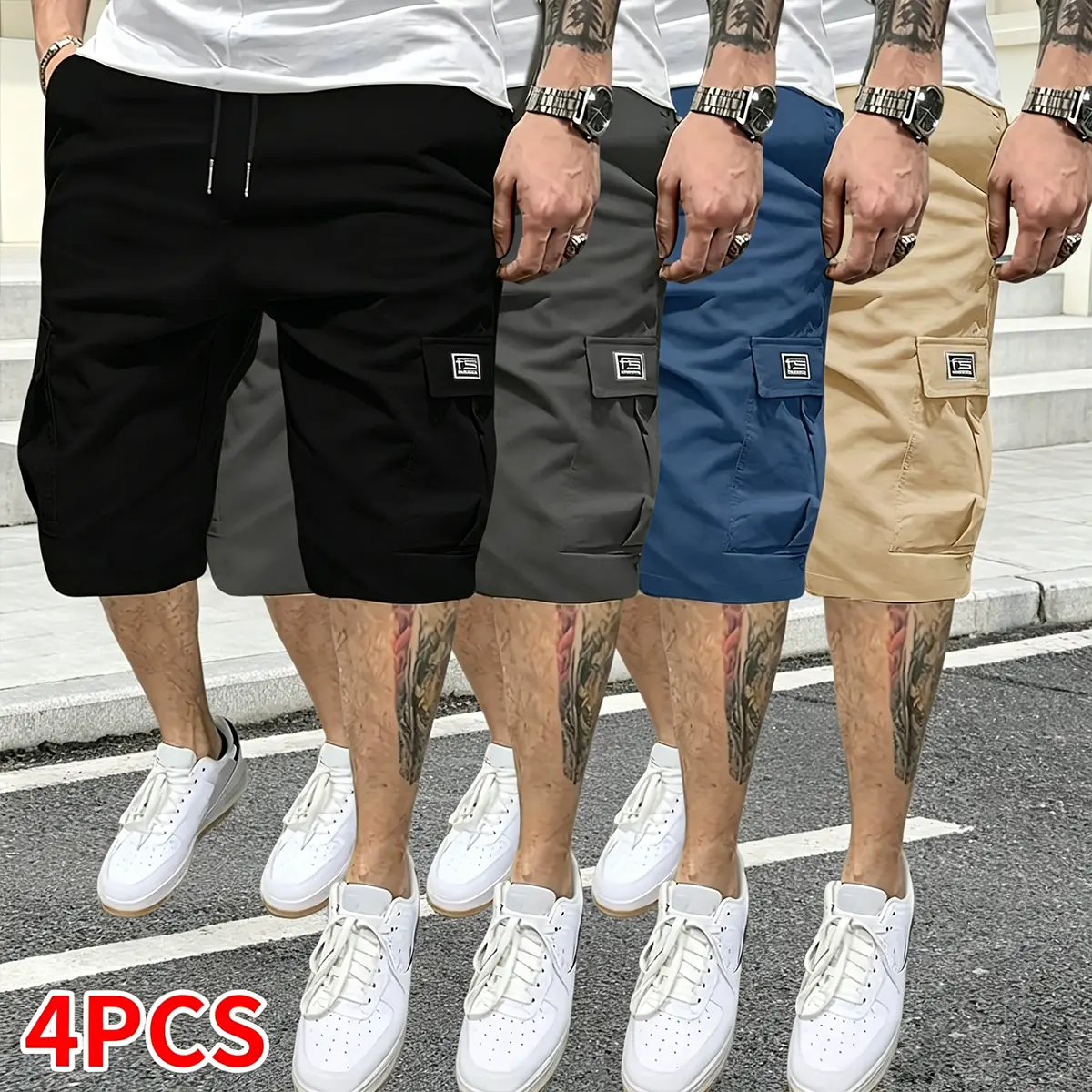 4-piece set for men: outdoor sports/fitness/running/casual wear; drawstring elastic waistband; multifunctional pockets; summer shorts; men’s casual cargo pants; men’s shorts; summer clothing; menswear,summerwins,father'sdaygifts