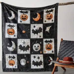 Whimsical Halloween Blanket Adorned with Spooky Pumpkins, Bats, Moons & Spider Webs