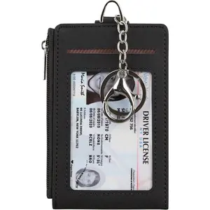 7 Cards Women & Men Keychain Card Holder Case Zipper Slim Minimalist Front Pocket Wallet with 2 ID Window