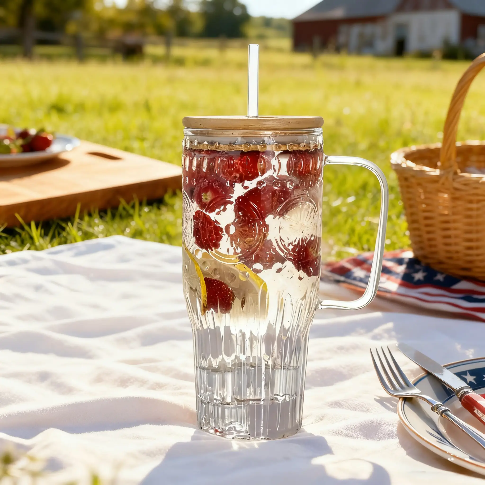 32oz Vintage Glass Cup with Handle with Bamboo Lids and Straws - Borosilicate Glass Tumbler for Hot and Cold drinks Bottle Mug, Bottle, Drinkware, Por