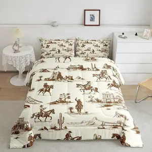 Feelyou Western Themed Bedroom Bedding Set - Cowgirl-Cowboy Multi-Size Duvet, Hand-Drawn Wild West Desert Sketch Design, Rustic Country Travel-Friendly Queen Comforter Set for Bedroom Decor
