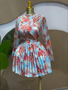 PULKRITU Women, Womenswear, Lady, Feminine Leaf Print Long Sleeve O-Neck Wrap Front Pleated Dress, Style, Sexy Fitted Design for Elegant Romatic Occasions, Perfect for Parties & Birthdays Dresses, A-line Mini Dresses, Holiday Beach Clothing