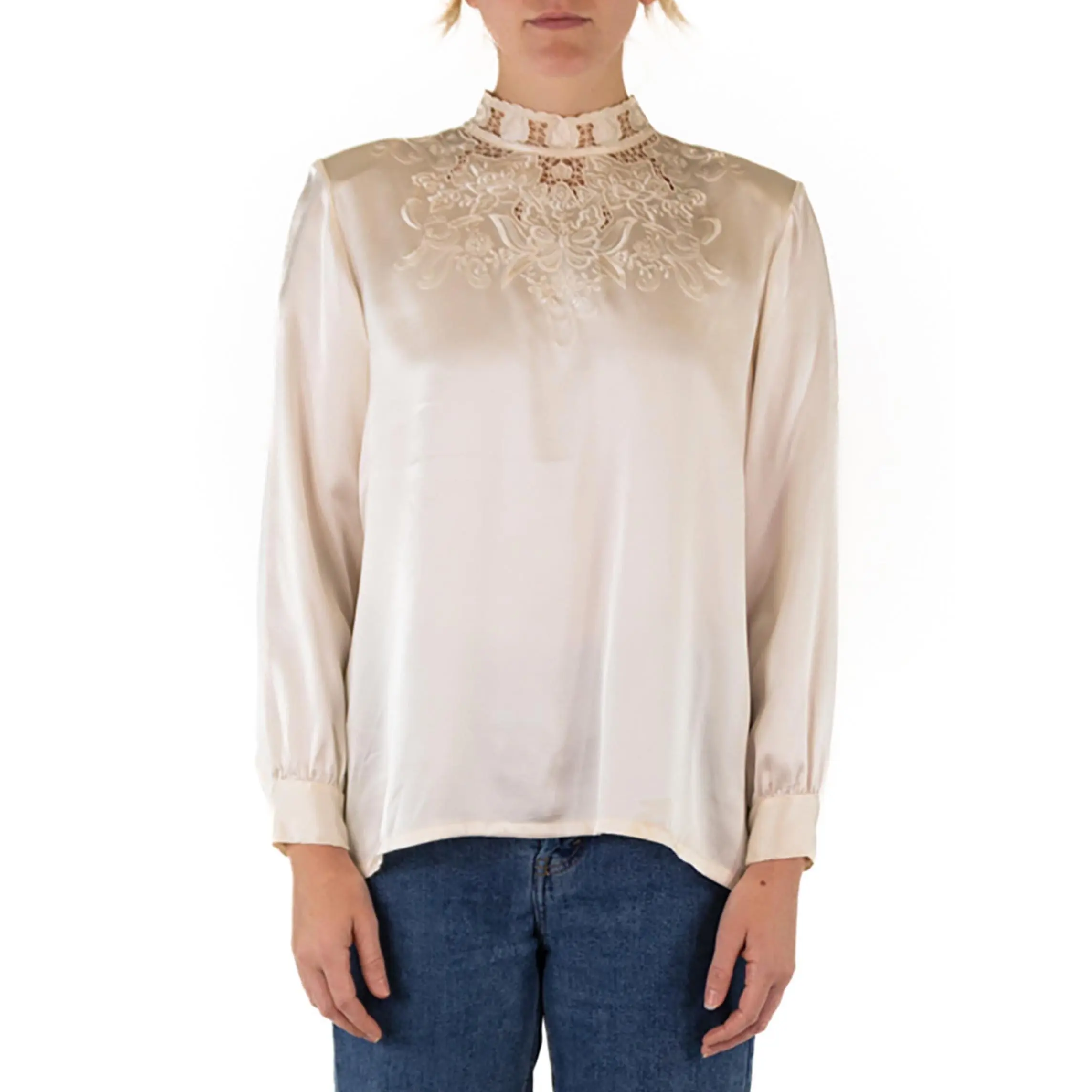 1970S Cream Silk Crepe De Chine Hand Embroidered Blouse