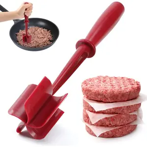 Meat Chopper - 5 Curve Blade Ground Beef Smasher Tool - Nylon Meat Masher for Ground Beef, Hamburger, Potatoes - Ground Meat Chopper for Easy Mixing - Red