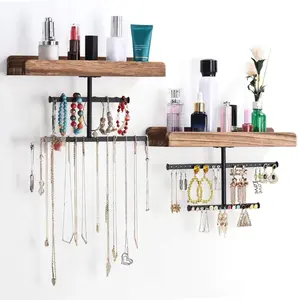 Hanging Wall Mounted Jewelry Organizer with Rustic Wood Holder for Necklaces, Bracelets, Earrings & Ring Set of 2 Carbonized Black Patented Shelf Shelves Box Decor