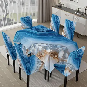 5/7-piece 2D Flat Printing Blue and White Agate Texture Printing Pattern Tablecloth and Chair Cover Set, for dining table and chair decoration, perfect for home, holiday gatherings, restaurants, and parties.