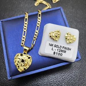 MaxBling81 14K Gold Plated Brass Gift Set - Golden Nugget Heart Pendant, 4mm 20" Figaro Necklace, Stud Earrings (Earring for Women) for Daily Wear, Birthday