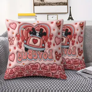 Romantic Mickey & Minnie Mouse Throw Pillow, Digital Print with Whimsical Valentine's Day Design, Soft and Cozy Square Cushion Perfect for Living Rooms, Bedrooms, Sofas, or Cars, Features Playful Lovebug and Heart Accents. Includes Pillow Insert.