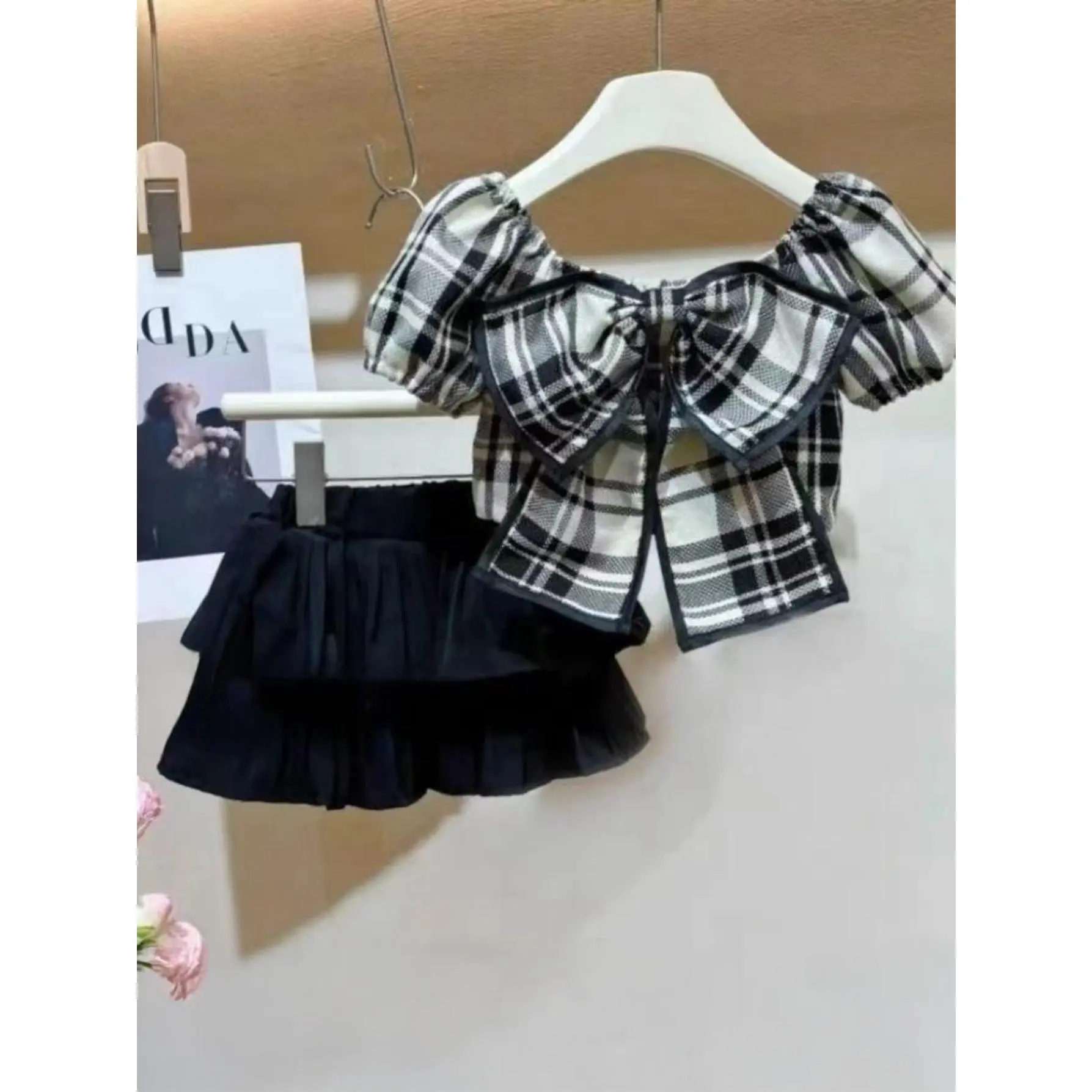Charming Bow Accent Girls Plaid Top & Skirt Set - Short Sleeve Summer Top with Flowy Skirt, Trendy Vintage Coord for Little Girls