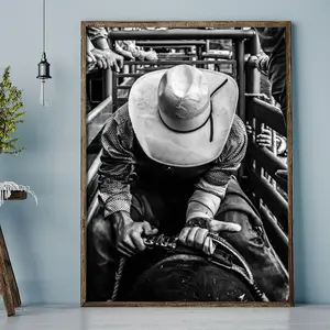 1 Piece Frameless Vintage Art Deco Style Black and White Cowboy Art Print, Vintage Wall Art - Old Western Cowboy in Cage Design, Ink on Canvas, Suitable for Bedroom, Living Room, Home Office Decoration, Gift Idea, Western Home Decor, Indoor Decoration
