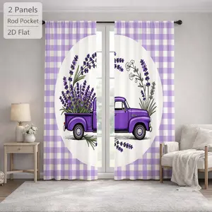 2Pcs Farmhouse Plaid Lavender Truck Floral Sun Blocking Curtains Digital Printed Rod Pocket, Window Treatment For Bedroom Office Kitchen Living Room Study Home Decor