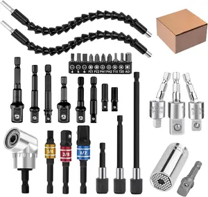 32 count Flexible Drill Bit Extension Set, Rotatable Joint Socket 1/4 3/8 1/2 Inch Hex Socket Adapter, 105Right Angle Drill Attachmen, Bendable  Kit with a Box (Black)