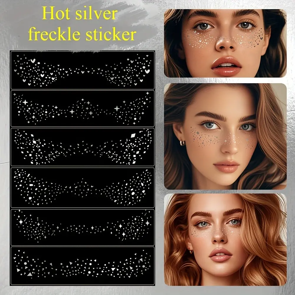 6pcs Set, New European and American Hot Silvery Freckle Stickers, Hot Silvery Freckle Makeup Stickers with A High-end European and American Metallic Face Makeup, Costume Party, Glitter Freckles Face Tattoo