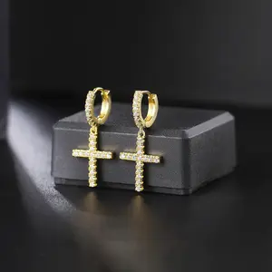 14K Gold Plated Cubic Zirconia Stone Small Hoop Cross Earrings  Unisex Hanging Dangle Drop Earrings