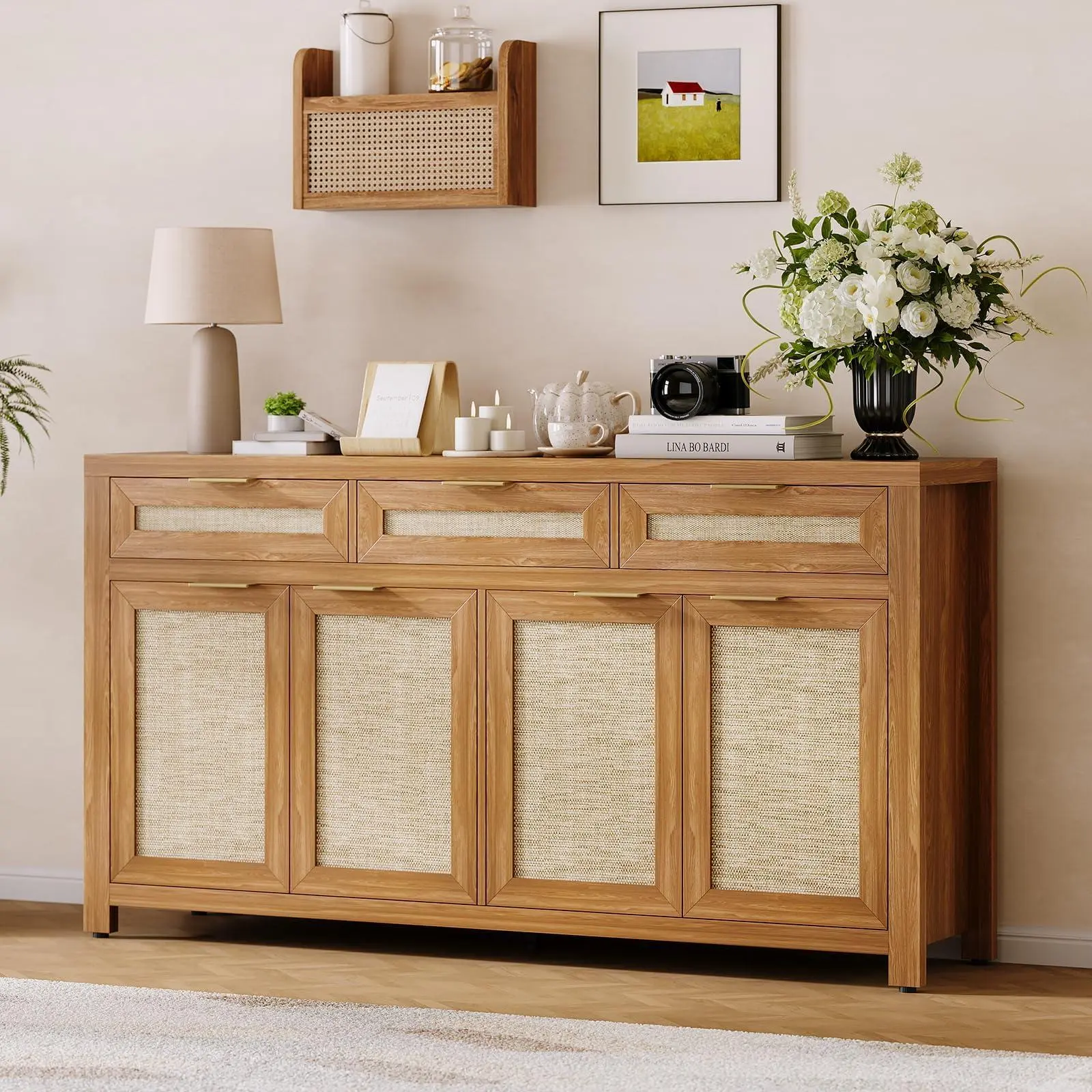 Farmhouse Rattan Sideboard Buffet Cabinet – 63" with 3 Drawers, 4 Doors, Adjustable Shelves – Deep Oak Storage Credenza for Dining Room, Kitchen, Entryway – Dark Oak