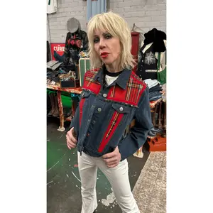 Denim Trucker Red Tartan & Silver Metal Spikes