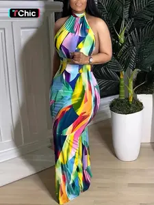 Women's All Over Print Tie Back Halter Dress, Elegant Chic Fitted Fashion Backless Maxi Dress for Daily Holiday Vacation Wear, Women Dress for Summer, Womenswear