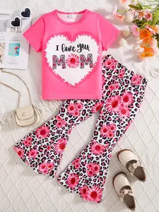 Two-Piece Set Girl's Sunflower Letter Print Tee & Elastic Waist Flare Leg Pants Set, Casual Fashion Round Neck Short Sleeve Top & Bell Bottom Trousers for Daily Wear, Cheetah Girls Outfits, Kids Summer Clothes, Floral Print Set