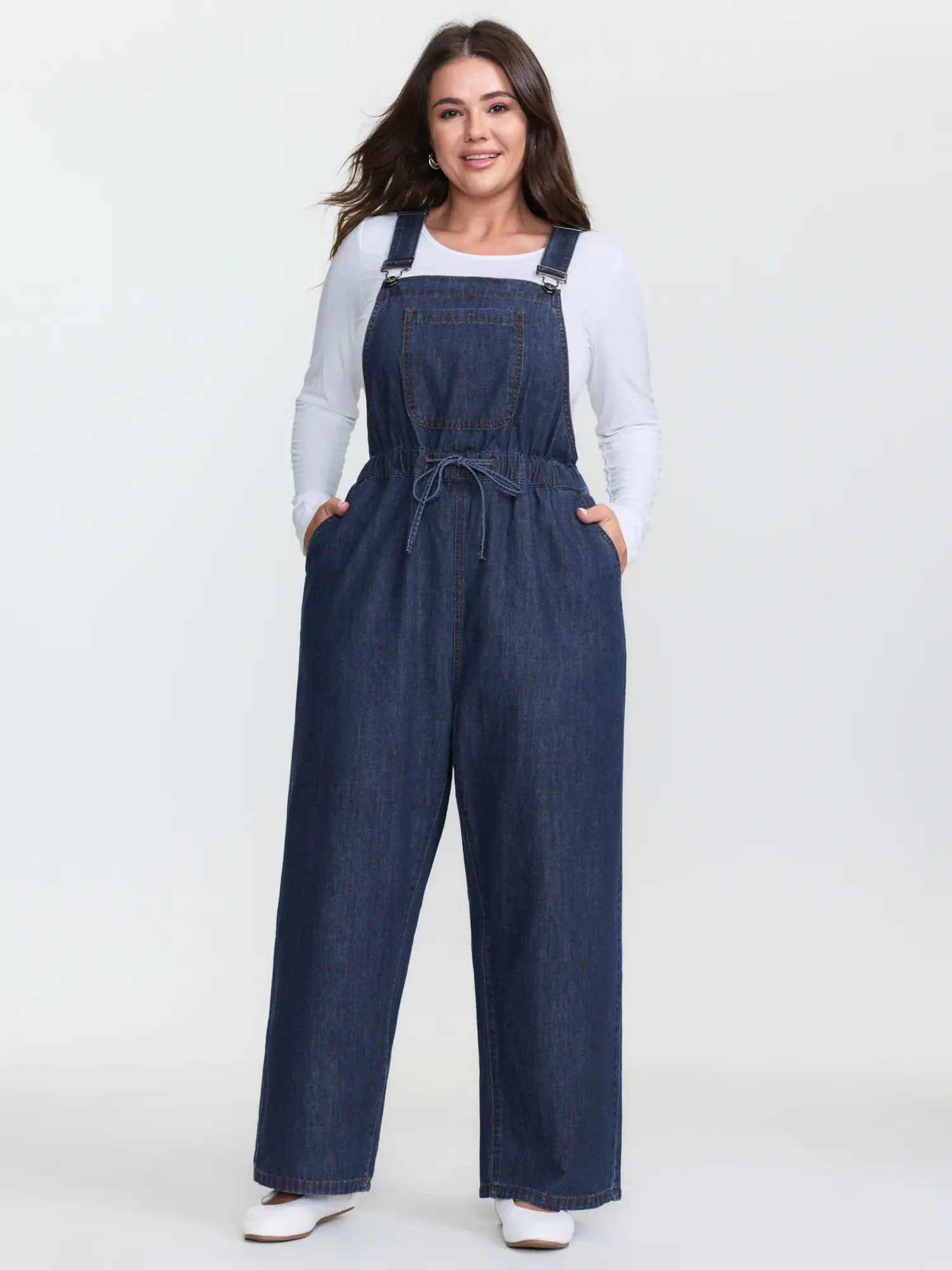 BloomChic Plus Size Casual Overalls for Women, Basic Loose Cut Strappy Jumpsuit in Cotton-Rayon with a Drawstring Waist and Pockets, Garment, Fabric, Casual Wear, Plus Size Overalls, Cotton Blend, Slanted Pocket, Adjustable Waist, Fit, Plus Size Clothes