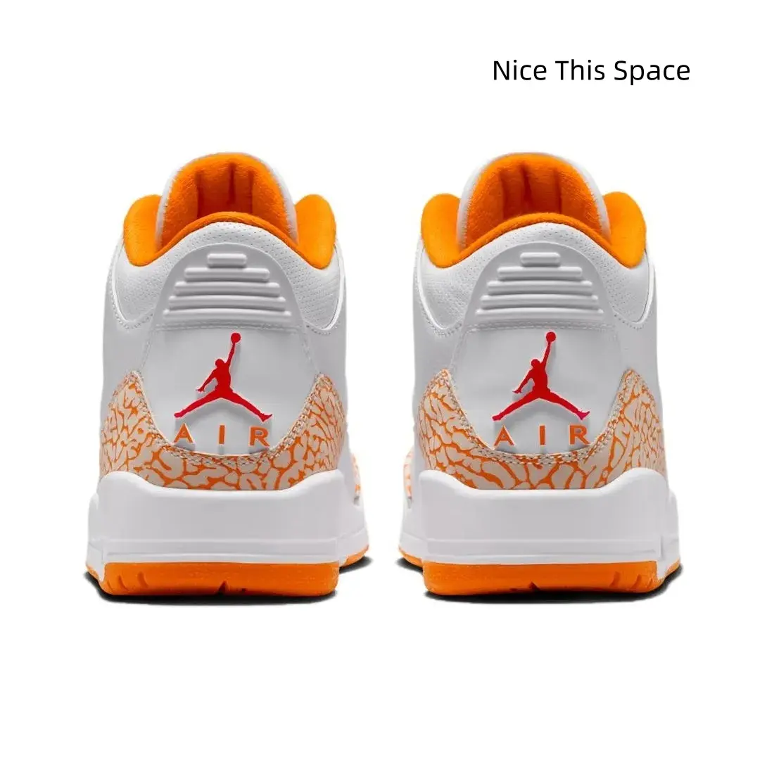 Vintage Cement Crack Mid Top Athletic Shoes, Clean White Leather Orange Heel Trim Non Slip Orange Rubber Sole Visible Air Unit Lightweight Streetwear Basketball Sneakers For Men