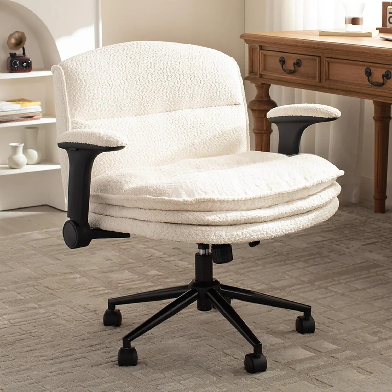[DealsForYouDays] Criss Cross Ergonomic Chair, Flip-up Adjustable Arms with Wheels, 3 Layer Thick Cushion Office Desk Armchair, Wide Seat Vanity Makeup Chair for Home Office Bedroom Apartment, Beige