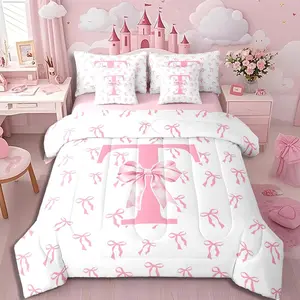 Kids Ribbon Bowknot 7 Piece Bedding Set,Coquette Monogram T Comforter Set for Kids Women Fashion Bow Princess Bed in a Bag Simple Watercolor Bow Knot Quilt with Flat Fitted Sheet