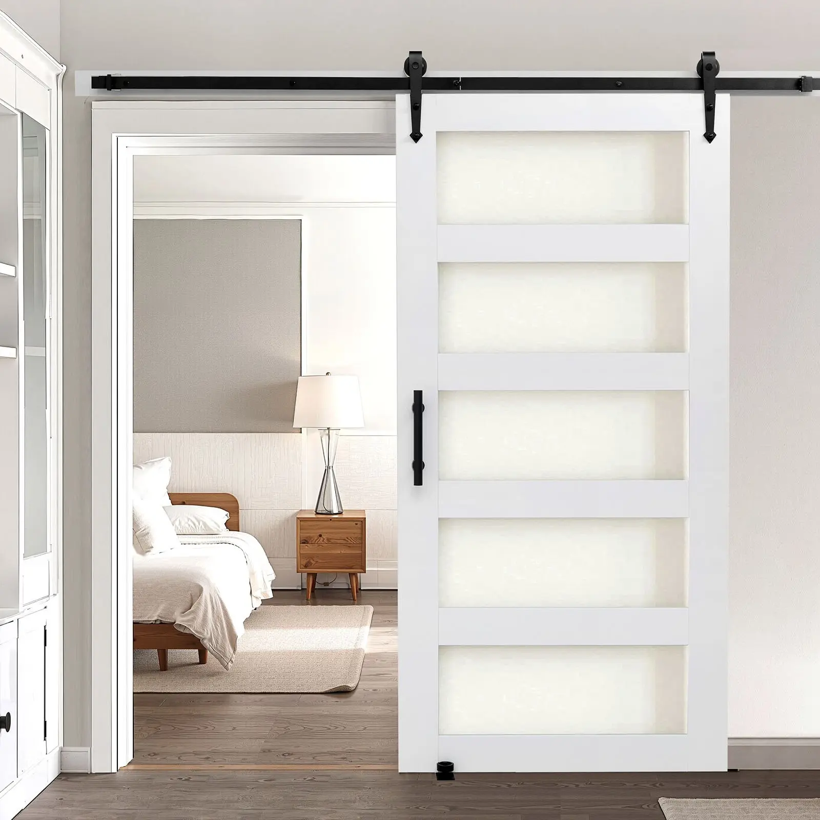 Sliding Barn Door With Hardware Kit, 42 X 84 Inch MDF Panel Frosted Glass, Interior Room Divider, Heavy Duty Sliding Door System With Steel Track, Rollers, Handle Set, For Easy DIY Installation