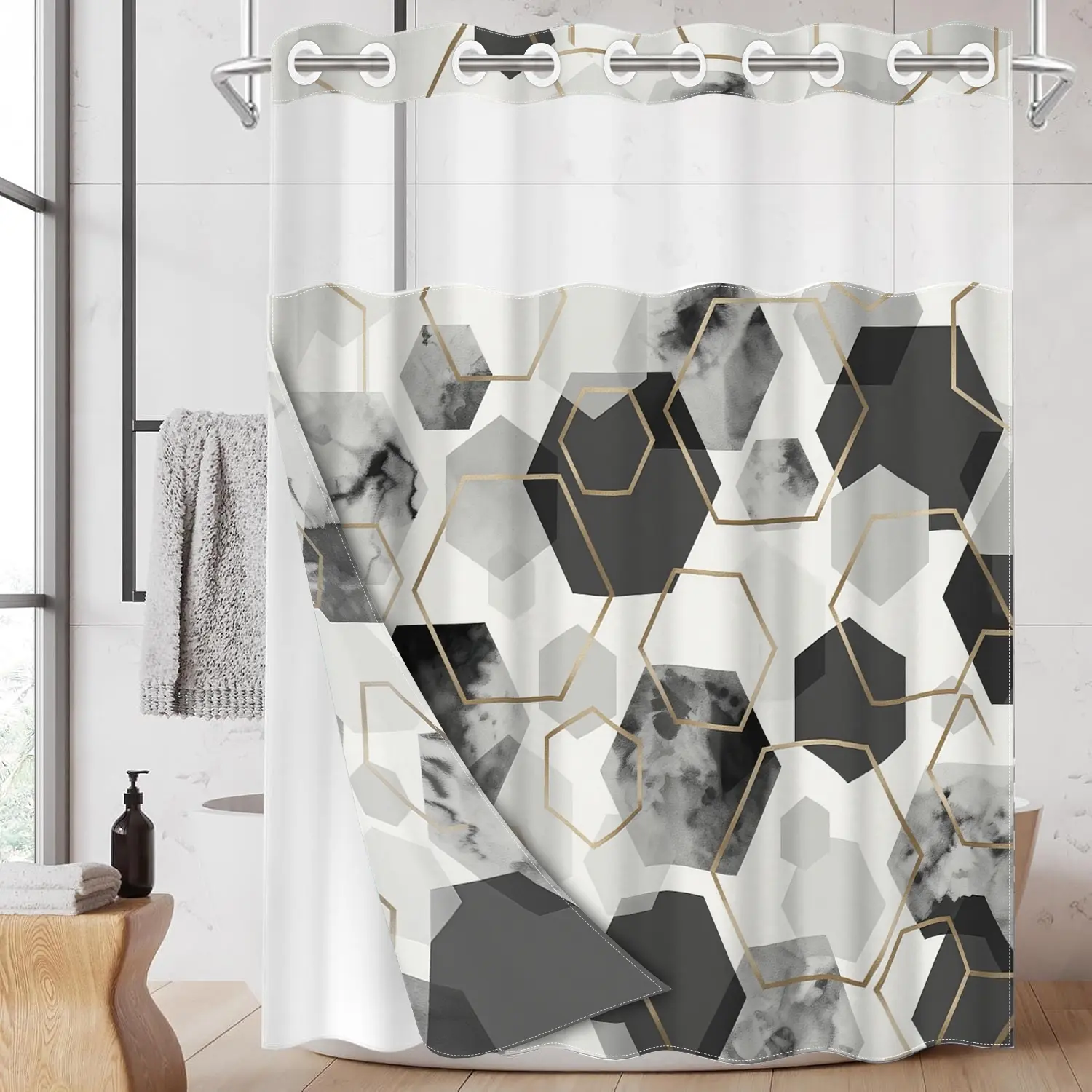 1pc Abstract Aesthetic shower curtain, 2D Flat Printing hookless Hanging liner, Geometric Design Fabric waterproof lining with transparent window, double-layer, 71x74 inches, home decoration