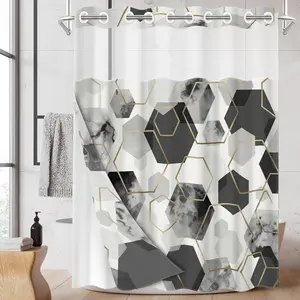 1pc 2D Flat Printing hookless shower curtain hanger liner Marble Pattern Geometric Design Fabric waterproof lining shower curtain with transparent window, double-layer shower curtain, 71 x 74 inches, modern home curtain decoration