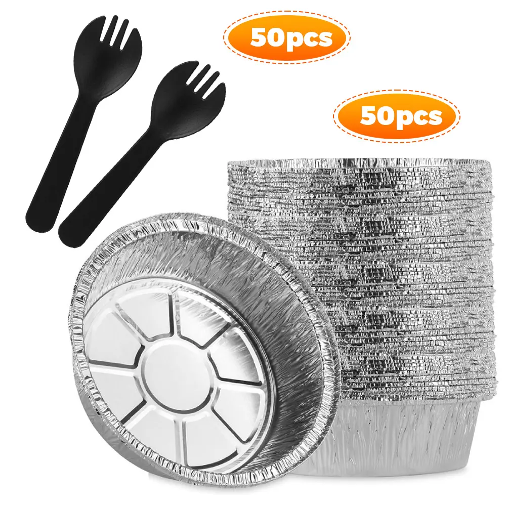 100-Piece Disposable Cutlery & Circular Tray Set - 50 Aluminum Foil Circular Trays, 50 Fork-Spoons, Suitable for Baking, Freezing, Perfect Gift for Baking Enthusiasts
