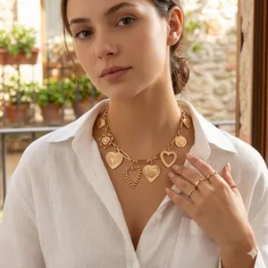 Women's Chunky Gold Heart Shaped Necklace, Vintage Statement Paper Clip Chain with 8 Heart Pendants, Stackable Bold Love Necklace, Fashion Jewelry Gift
