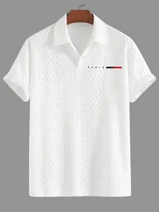 Men's Summer Classic Paris Letters Textured Fitted Polo Shirt, Lightweight Luxury Breathable Comfort Easy Casual Business Short Sleeve Tee