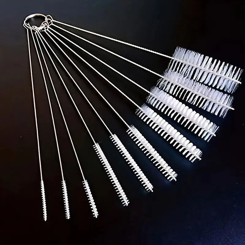 10-Piece Stainless Steel Handle Set, Soft Bristle Straw Brush, Cleaning Brushes for Glass Cups, Tea Pots, Baby Bottles, Test Tubes