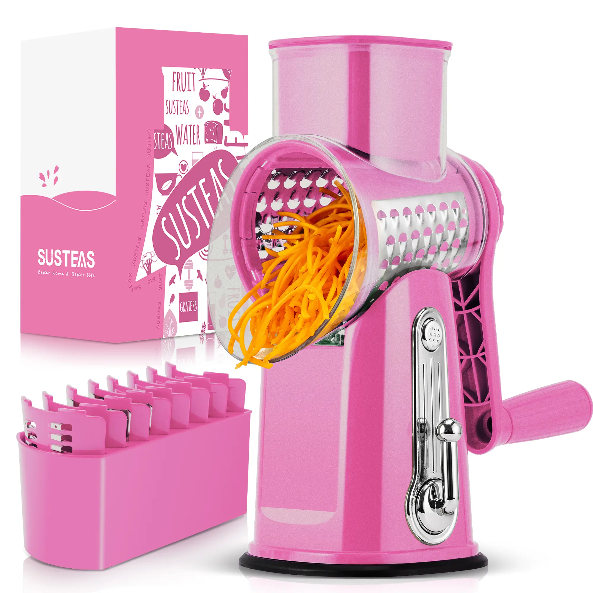SUSTEAS Rotating Food Grater Chopper with Handle, with 5 Well-Designed Blades and Strong Suction Cup Base, Comes with 1 Blade Storage Box Vegetable Cutting Slicer Vegetable Slicer Dicer Kitchen Utensils Vegetable Fruit Cutter summerwins