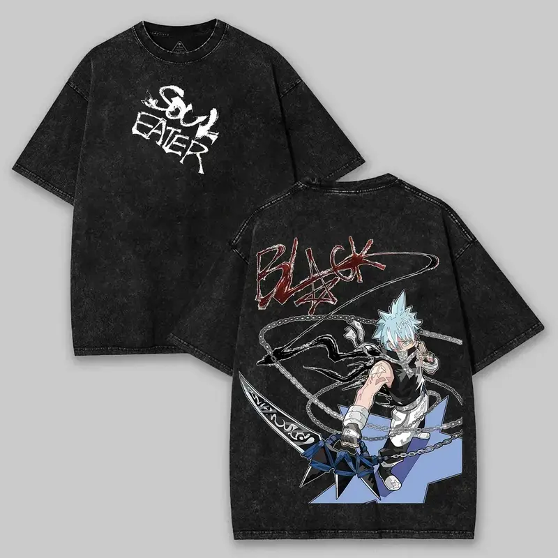 Soul Eater Black Star Anime Washed Cotton Short-Sleeve T-Shirt - Unisex Men's Graphic Tee, Double-Sided Japanese Manga Merch, Retro Streetwear Casual Regular Fit Summer Sports Top, Father's Day Gift